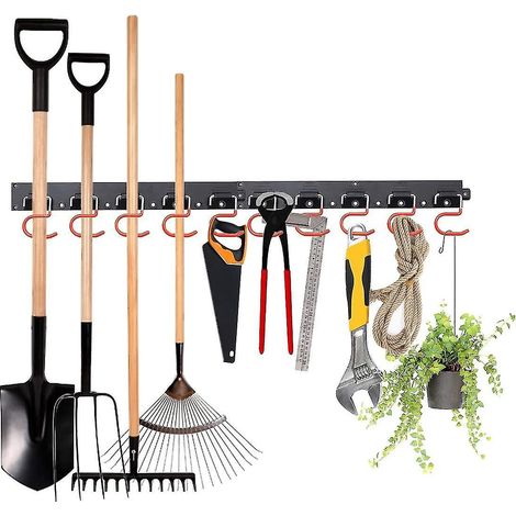 Fong Garagen-Organizer, 162,5 cm (64 Zoll) verstellbares Aufbewahrungssystem mit 16 Haken und 4 Schienen, Wandhalterung für Gartengeräte und Tür für Besen und Mopps. (1/4)