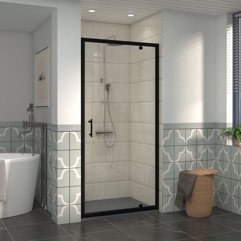 NRG 900mm Black Framed Bathroom Shower Enclosures Pivot Door with 1000x900mm SMC Rectangle Shower Tray Anthracite (1/5)