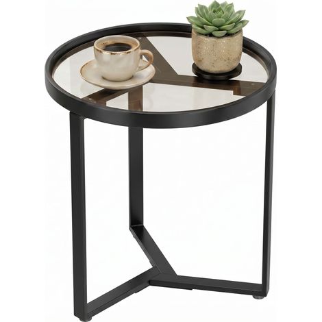 HOMCOM Round Side Table with Tempered Glass Top and Metal Frame, Black (1/5)