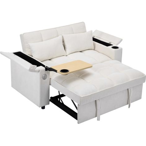 3-in-1 Schlafsofa 2-Sitzer beige mit verstellbarer Rückenlehne, USB und verstecktem Tisch (1/5)