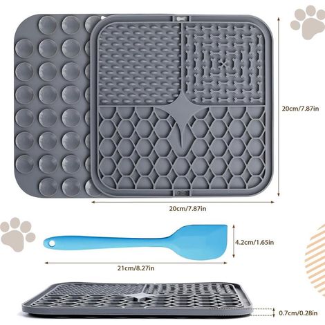 Tapis de léchage 20x20 cm pour chiens et chats avec spatule en silicone et ventouses – gris, sans BPA, pour le toilettage et le bain (1/5)