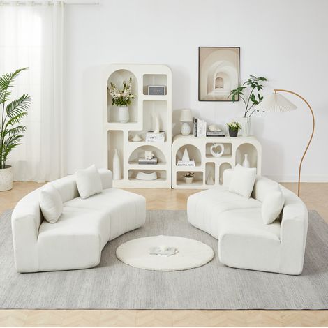 Divano modulare curvo a 4 posti, design a tasti di pianoforte, con 2 cuscini, chenille beige