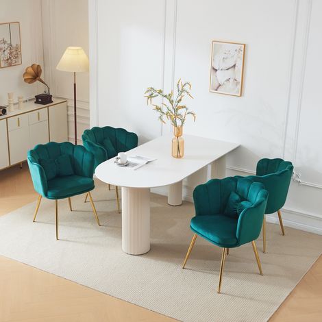 Ensemble de 4 chaises de salon modernes en velours, chaises de salle de bain, chaises rembourrées avec dossiers en forme de pétales, pieds en métal plaqué or et coussins papillon pour la chambre ou la (1/5)