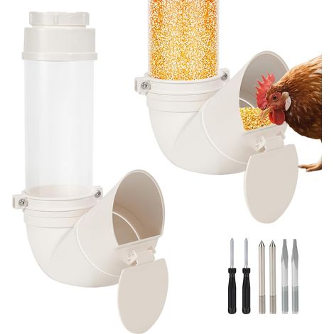 Mangeoire automatique visible pour poulets - Tube en PVC - Sans déchets - Grand distributeur de nourriture pour poulets à suspendre - Pour canards coop dindes et oies (1/5)