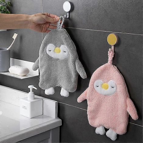 Serviette de bain pingouin en polaire corail ultra douce avec boucle de suspension - Serviette absorbante pour le nettoyage et le séchage de la salle de bain - 25 x 28 cm (1/5)