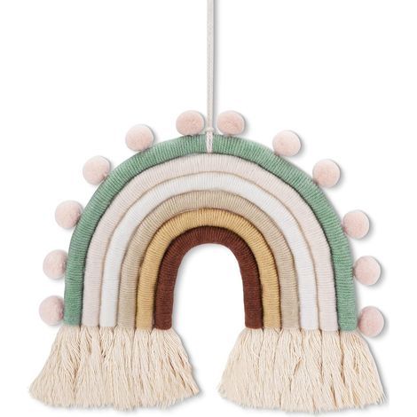 Décoration murale arc-en-ciel - Suspension tissée main en coton - Motif arc-en-ciel avec pompons et franges - 20 x 19 x 1,5 cm - 1 pièce (1/5)