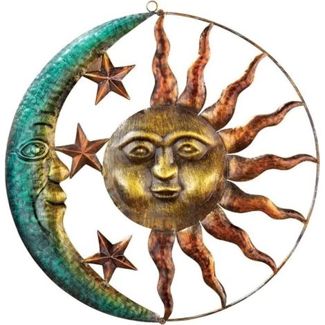 Decorazione murale in metallo con sole e luna, opera d'arte creativa con sole e luna, decorazioni murali per interni ed esterni per casa, ufficio, soggiorno, giardino, cortile (1/4)