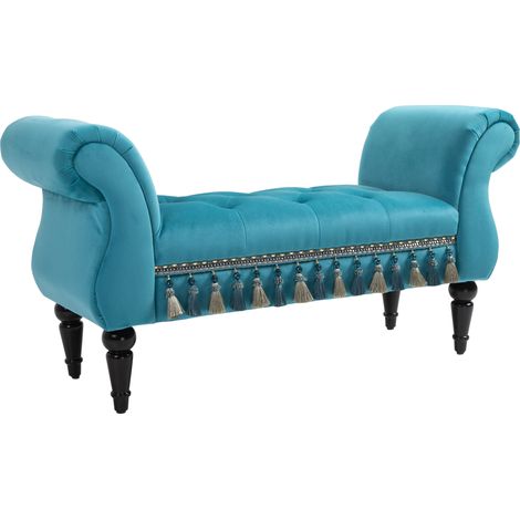 Banc capitonné avec revêtement en velours, accoudoirs, banc de lit avec structure en bois, banc à chaussures pour chambre, salon, entrée, 117 x 40 x 58 cm, bleu