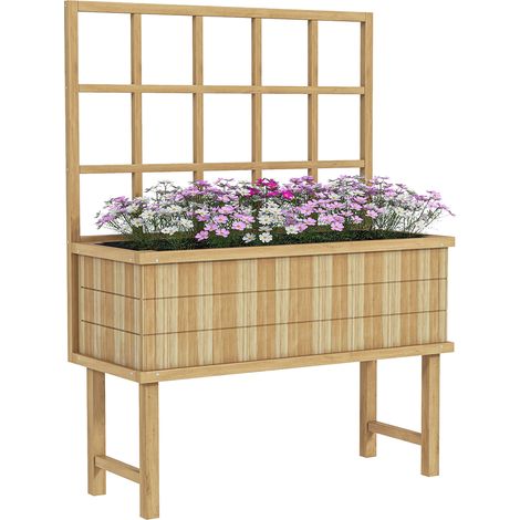 Outsunny Wood Raised Planter w/ Trellis Drain Holes Elevated Garden Bed Natural
