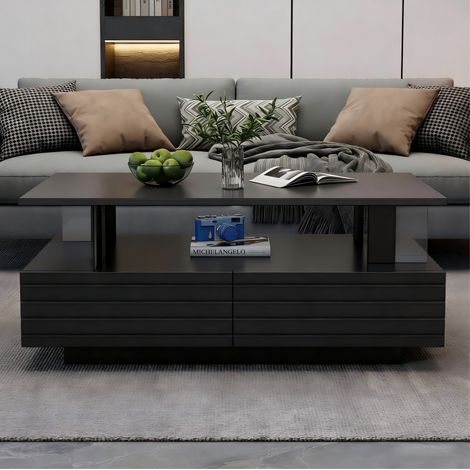 Table basse LED 100x50x42,5 cm noire avec rangement et 2 tiroirs, en acrylique MEUBLIV (1/5)