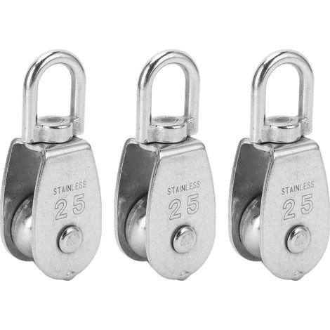 Lot de 3 poulies simples en acier inoxydable, charge max 150 kg/330 lb, roulement à rotation 360°, forme en U, rouleau robuste. (1/5)