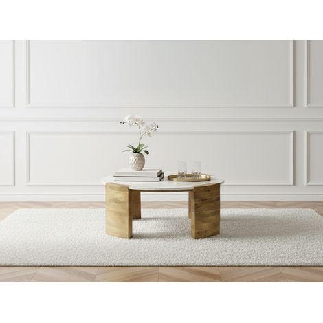 BOBOCHIC - Table basse ronde D.85 cm TORVI plateau marbre et pieds bois massif de manguier clair (1/5)