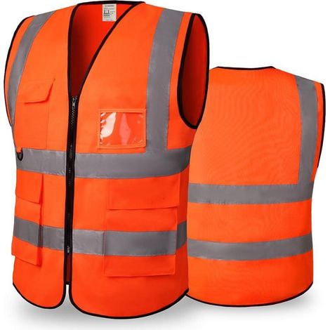 Warnweste Herren Damen mit Taschen, hohe Sichtbarkeit, reflektierend, orange, XL
