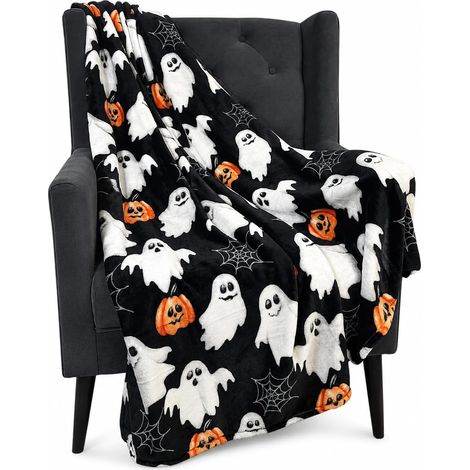 Bonita manta polar de Halloween con calabazas, fantasmas y telarañas, 130 x 180 cm (50 x 70 pulgadas), franela ultrasuave, perfecta para sofás, sillas y dormitorios decoración espeluznante duradera y  (1/5)