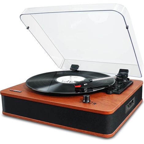 Platine Vinyle Tourne Disque Bluetooth avec Haut-parleurs Stéréo, Rétro Lecteur Vinyles à 3 Vitesses, avec Encodage sur USB et SD, Radio FM, Entrée AUX, RCA, Affichage LED (1/5)