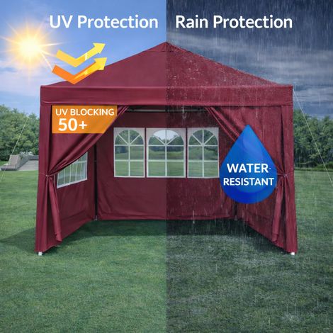 Gazebo 3x3 m pliant étanche,4 murs,4 sacs sable,UV50+. Cadre acier Bourgogne pour jardin,réception et camping.