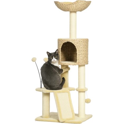 116 cm hoher Katzenbaum mit Plattform, Versteck, Korb und Pompon-Spielzeug – beige