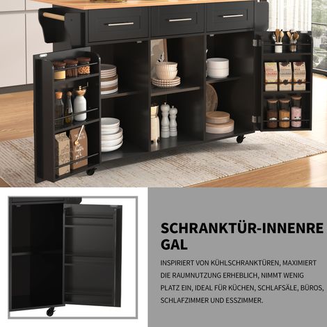 Meuble buffet desserte avec plateau rabattable, 139 x 46 (71) x 91,5 cm, cadre noir, dessus en bois effet massif, rangement avec porte, roues, pieds en bois naturel remplaçables, parfait pour cuisine (1/5)