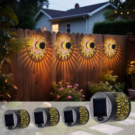 Projecteur solaire mandala décoratif LED blanc chaud étanche métal pour jardin clôture patio lumière ombre extérieur lot 4 (1/5)