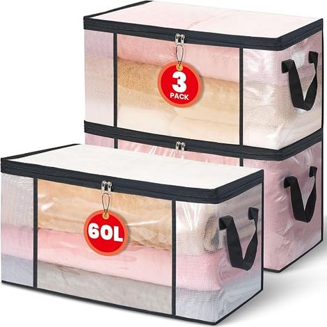 Lot de 3 Sacs de Rangement Vetement Transparente 60L – Boîte de Rangement Sous Lit/Armoire,Housse Rangement Couette Organisateur de Placard, Pliable avec Fermeture Éclair et Poignées (1/5)