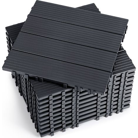 Wolketon Pavimento esterno in plastica 11 piastrelle 30x30x2 cm, antracite, motivo a 4 listelli, posa senza colla (1/5)