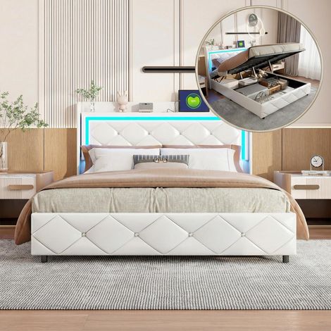Polsterbett 140 x 200 cm mit Bettkasten, gepolstertes Kopfteil mit Kristallknöpfen und LED, USB-Ladefunktion, PU-Bezug, weiß