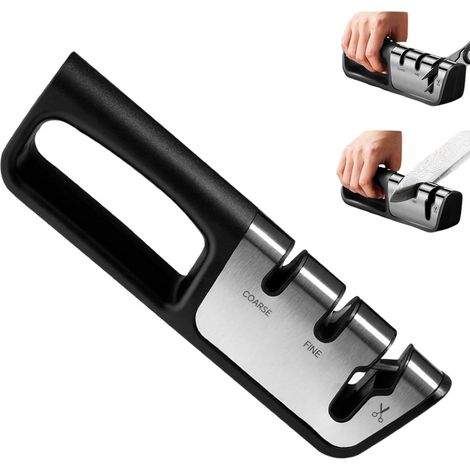 Afilador de cuchillos de cocina de 3 etapas: afilador profesional con ranuras para afilado grueso, fino y de tijera abrasivos de diamante, tungsteno y cerámica base segura y antideslizante. (1/5)