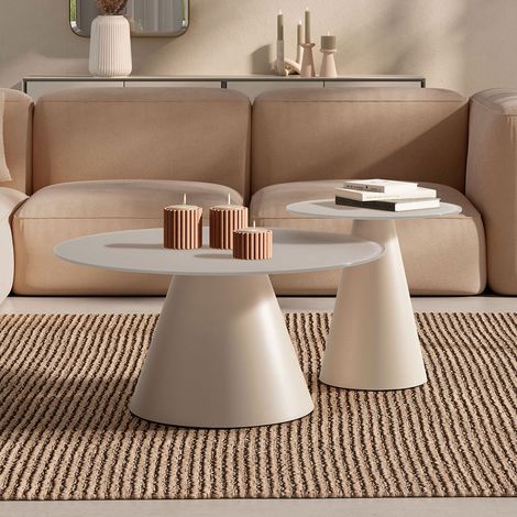Lot de 2 tables basses rondes 45 et 80 cm en verre et métal crème