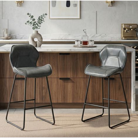 Tabouret de bar 2 tabourets avec dossier et repose-pieds, structure en métal noir, simili cuir gris (1/5)