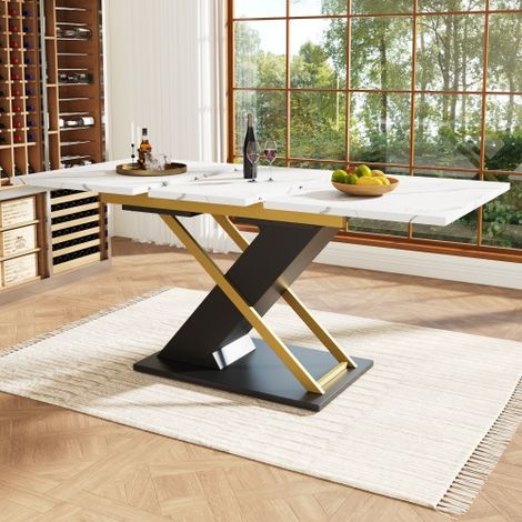 Tavolo da pranzo allungabile (120-160×80 cm), tavolo da cucina/soggiorno, allungabile fino a 160 cm grazie a una prolunga interna, tavolo da pranzo con gambe incrociate dorate