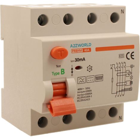 RCCB Interruttore Differenziale Puro Tipo B 3P+N 4M 10000A 30mA AC 400V IP20 IEC61008-1 / IEC62423 PR8HM, Corrente Disponibili 25A 40A 63A 100A (40A)