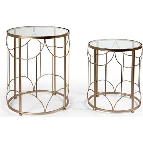 Set aus zwei runden goldenen Couchtischen mit Glasplatte (1/2)