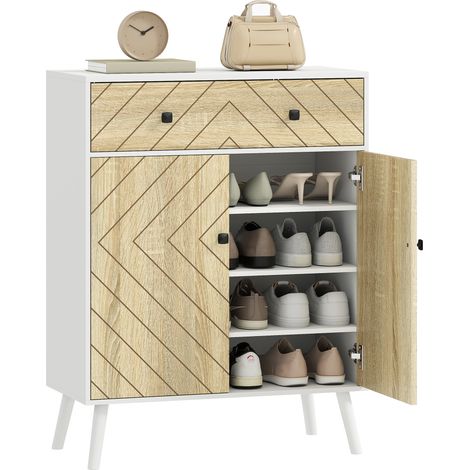 Zapatero Entrada Recibidor con 2 Puertas Estantes Ajustables Cajón para 12 Pares de Zapatos 75x35x97 cm Blanco y Natural