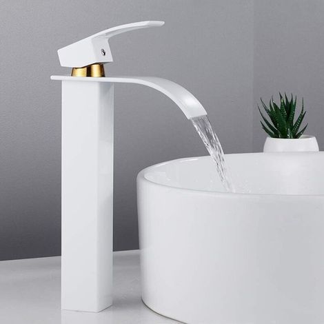 TAISHENGDA-Robinet de salle de bain blanc à bec plat et haut, avec tuyau d'arrivée de 60 cm Robinet d'eau chaude et froide à bec large de style européen pour lavabo (1/5)