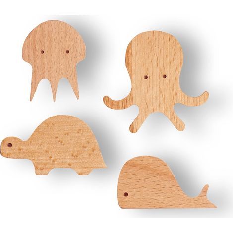 Wandhaken, Holzhaken für Kinder- und Babyzimmer, Garderobenhaken mit Meeresmotiven, Holzhaken, Kinderwandhaken, 4er-Set (1/5)