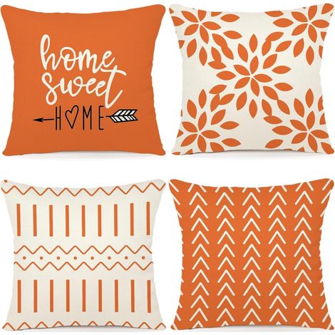 Juego de fundas de almohada de otoño, 45 x 45 cm, juego de 4 piezas, fundas de almohada con ribete de lino naranja, aptas para sofás, camas y coches compatibles con rellenos de almohada de 45 x 45 cm.