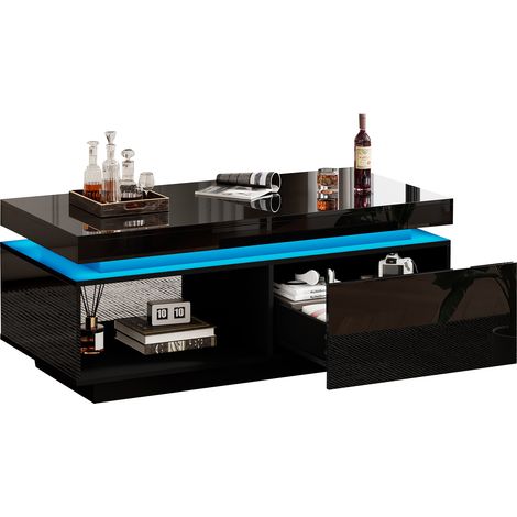 ELVMI Couchtisch mit 1 Schublade und LED, Hochglanz-Oberfläche, für Wohnzimmer, aus Spanplatte, 100 × 50 × 40.3 cm, Schwarz (1/5)