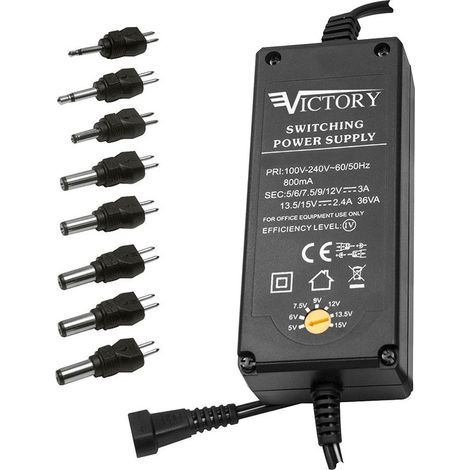 Alimentatore switching con tensione regolabile 5/6/7,5/9/12/13,5/15 Vdc 36W, 8 spinotti inclusi - Victory
