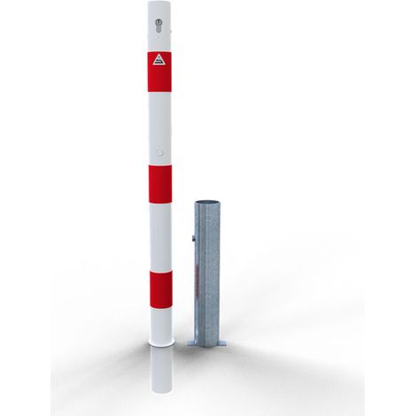Schake Absperrpfosten herausnehmbar aus Stahlrohr Ø60x2,5mm weiß mit rot reflektierenden Leuchtstreifen, Stahlkappe und Profilzylinderschloss 900mm Überflur ohne Ösen (1/2)