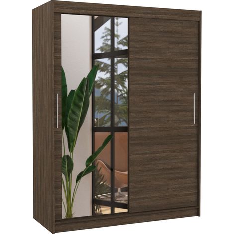 Armoire de chambre 2 portes coulissantes 1 marron 1 miroir Bianky 150cm (1/5)