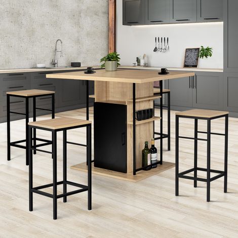 Conjunto de isla central de 110 cm de madera negra e imitación haya y 4 taburetes de diseño industrial