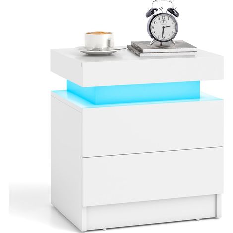 Tavolino Comodino con LED a 20 Colori, Comodino Effetto Marmo con 2 Cassetti, Comodino per Camera da Letto e Soggiorno, 46 x 35 x 52 CM, Bianco (1/5)
