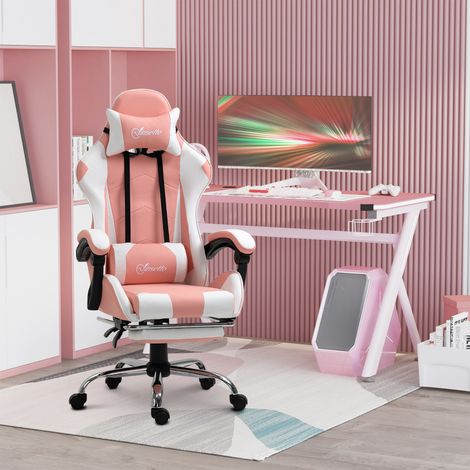 Chaise gaming ergonomique rose, accoudoirs connectés., repose-pieds, coussin lombaire, appuie-tête, basculante, pivotante