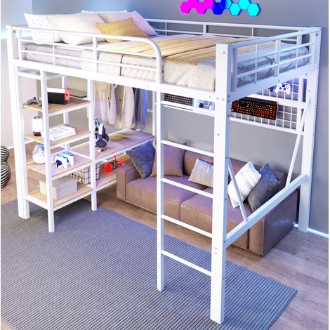 DESVIAE Lit mezzanine 140 x 200 cm en métal avec étagère filet de rangement barre de suspension espace ouvert sous le lit bande lumineuse LED blanc (1/5)
