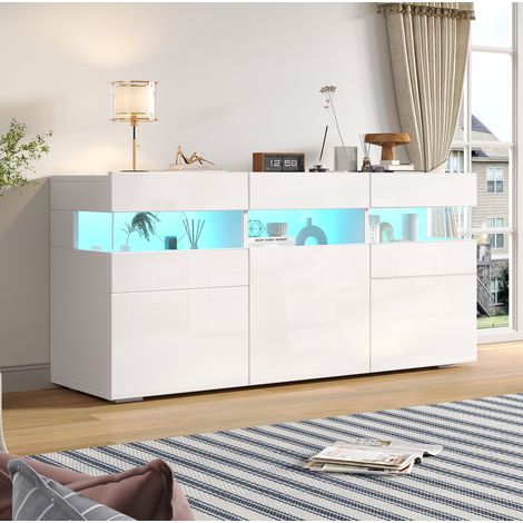 meuble rangement salon 3 portes LED 140 cm blanc design OKMYHOME (1/5)