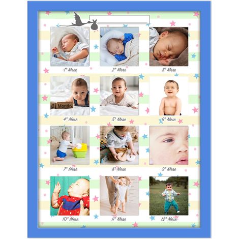 Portafoto da parete Multiplo ESSENTIAL BABY BLUE 30x40 cm Newborn, Cornice per collage di 12 foto mensili per primo anno neonato (1/4)