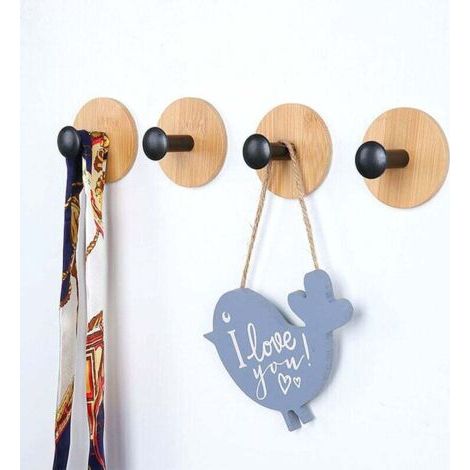 Lot de 4 crochets auto-adhésifs (noirs), crochets en bambou réutilisables sans couture, crochets adhésifs très résistants, crochets pour chambre, cuisine, salle de bain.