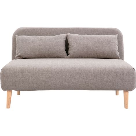 Zweisitzer-Schlafsofa aus taupefarbenem Stoff und hellem Holz AMIKO