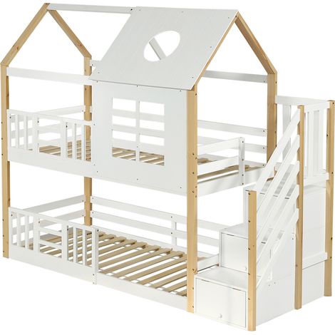 Litera casita con escalera de almacenaje 90x200 cm blanco y natural MODENUIT (1/5)
