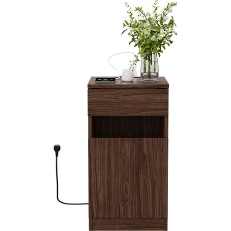 CAIziTable de chevet avec fonction de charge, aspect noyer, avec USB-A/USB-C et prise, 33x40x61,5cm, poubelle incluse (1/5)